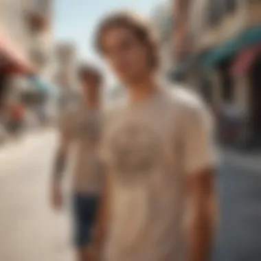 Skaters wearing tan graphic t-shirts during a street skateboarding session.