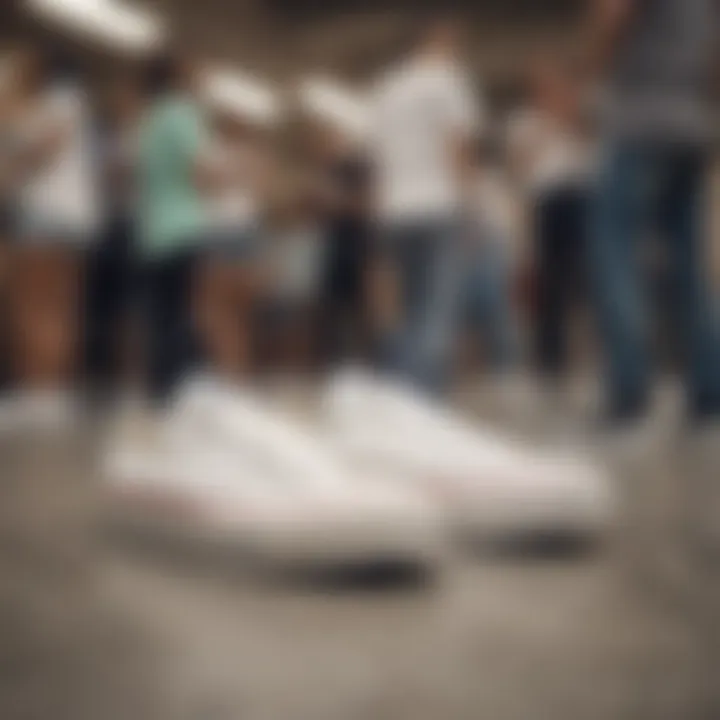 Group of skateboarders discussing style while wearing all-white low-top platform Converse