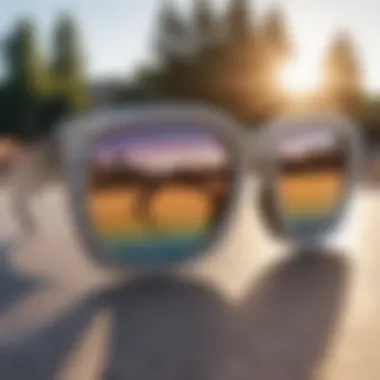 Close-up of a pair of blinged-out sunglasses reflecting a skate park