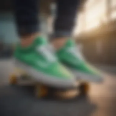 A vibrant pair of green Vans shoes on a skateboard.