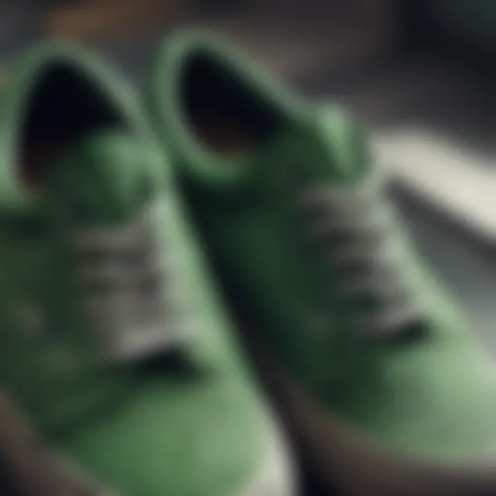 Close-up of textured materials used in green Vans shoes.