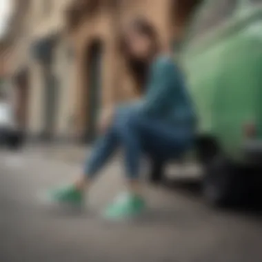 Stylish outfit featuring green Vans shoes in an urban setting.