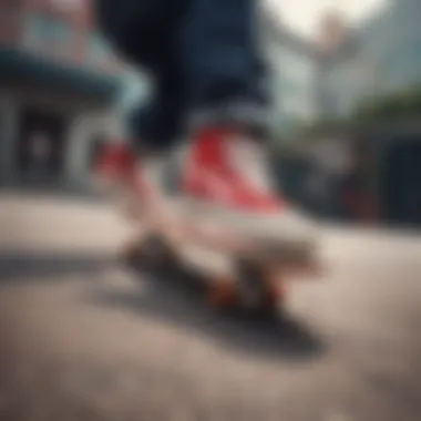 Skateboarder performing tricks in red Vans