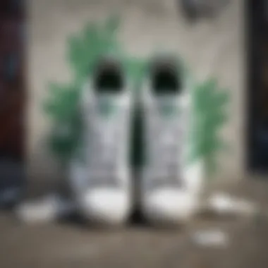 Artistic display of white Adidas shoes with green accents against a graffiti backdrop.