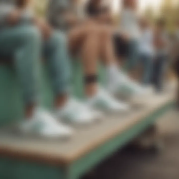 Group of friends hanging out at a skate park, showcasing their white Adidas shoes with green accents.