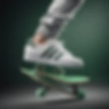 Skateboarder performing tricks wearing white Adidas shoes with green accents.