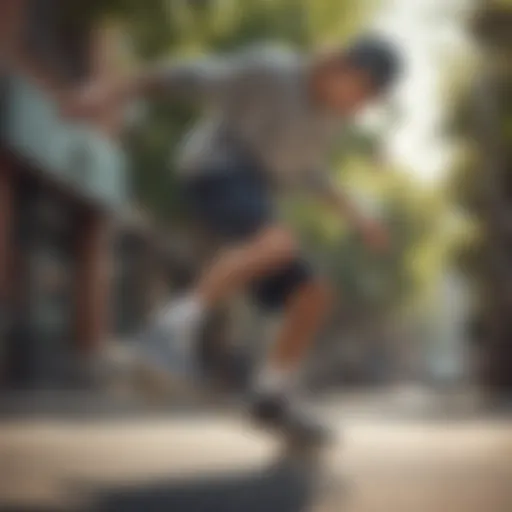 A skateboarder performing a trick while wearing stylish sweat shorts.