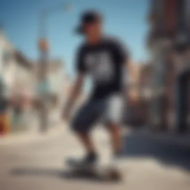 Skateboarder wearing a stylish graphic tee in an urban setting