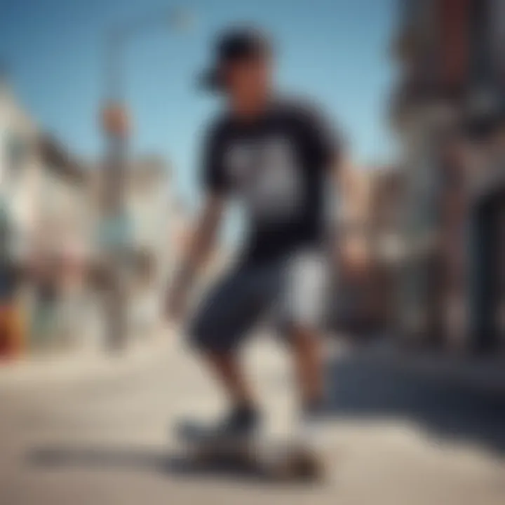 Skateboarder wearing a stylish graphic tee in an urban setting