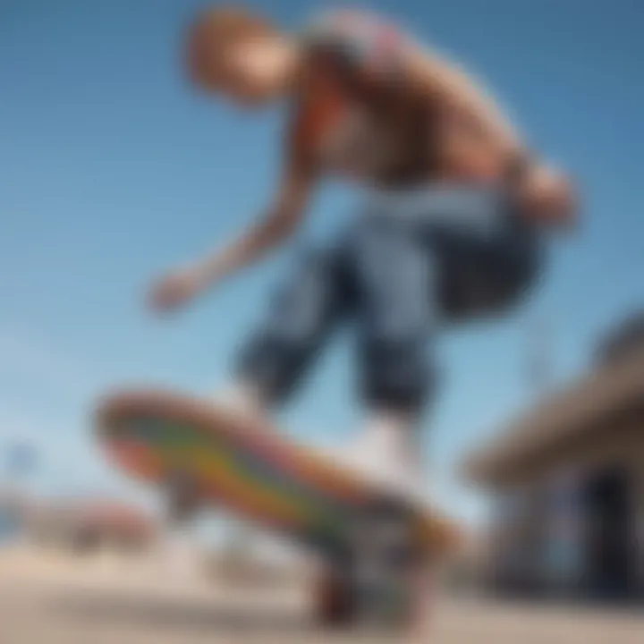 Skateboarder wearing Rainbow Cheetah Vans in action