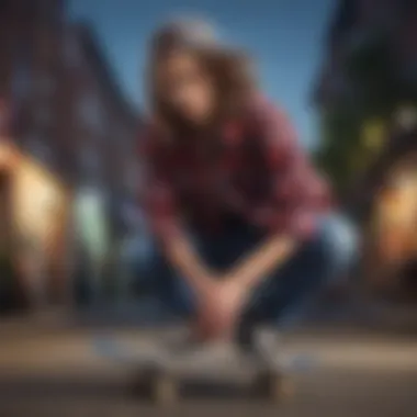 A skateboarder wearing a vibrant flannel shirt, blending fashion with sport.