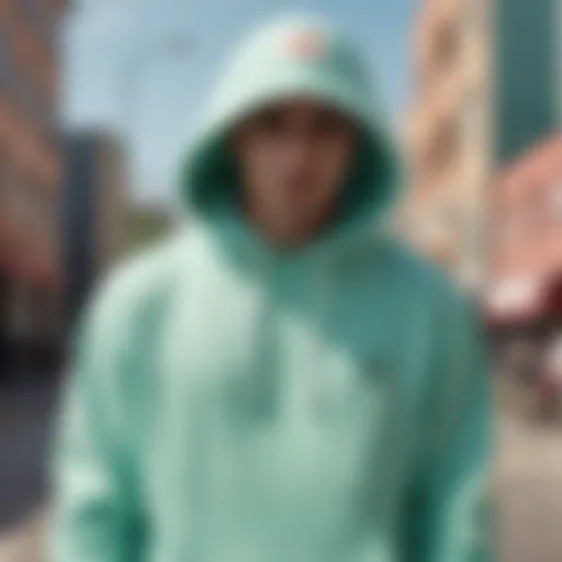 A vibrant mint hoodie showcased in an urban skateboarding setting