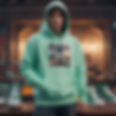 A fashionable mint hoodie paired with skate shoes and accessories