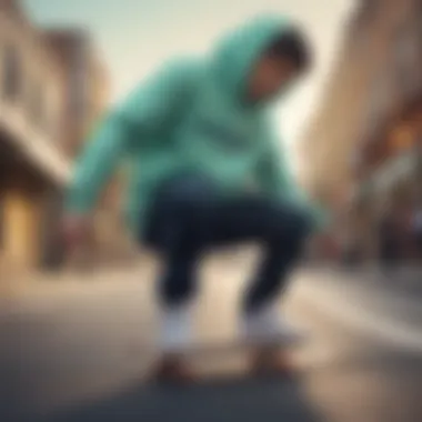 Skateboarder wearing a mint hoodie while performing a trick