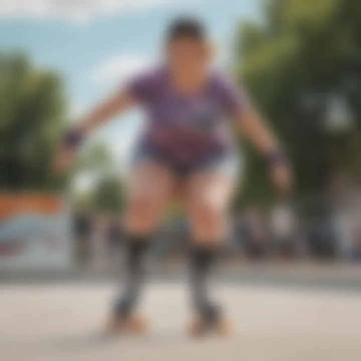 Skater wearing plus size pads while performing a trick at a skate park