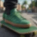 Green Adidas shoes on a skateboard