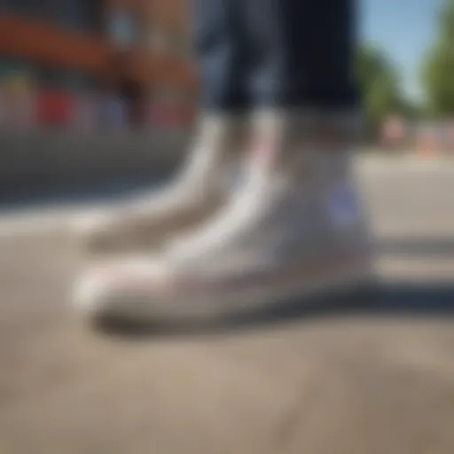 Classic Chuck Taylor All Star shoes displayed in a skate park setting