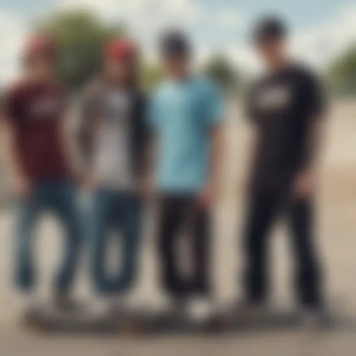 Group of skateboarders wearing Lurking Class pants at a skate park