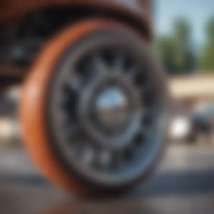 Close-up of the wheels and deck of a minicruiser, highlighting craftsmanship and material quality