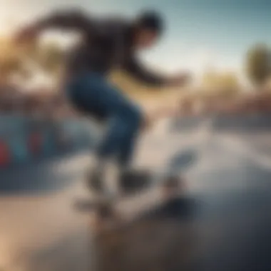 A skateboarder performing tricks on a minicruiser at a skate park, emphasizing performance and agility