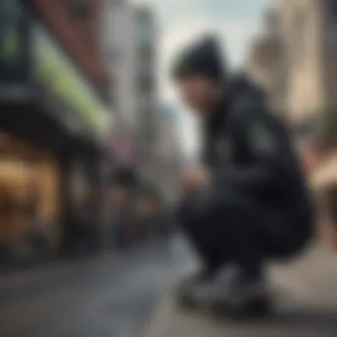 Skateboarder wearing a Monster Energy beanie in an urban setting.