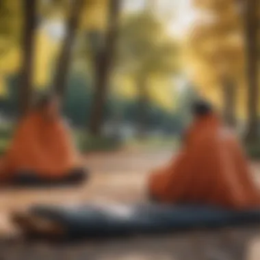 Group of skateboarders relaxing in a park, with the Poler Sleeping Bag Poncho featured prominently.