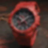 Close-up view of the red camo G Shock watch showcasing its intricate design