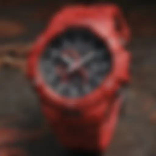 Close-up view of the red camo G Shock watch showcasing its intricate design