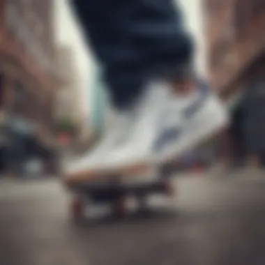 An individual wearing Reebok C Double sneakers while skateboarding in an urban setting.