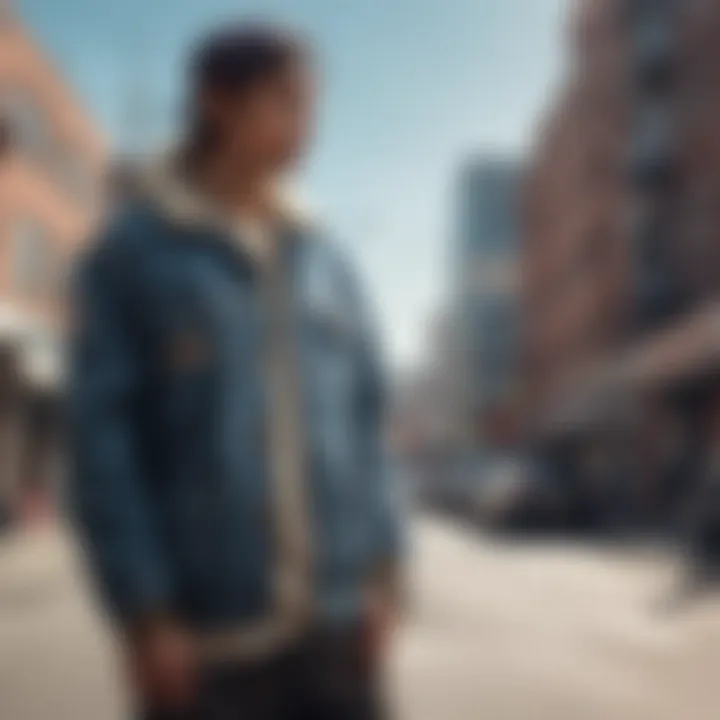 Skateboarder wearing a sherpa collared jacket in an urban setting