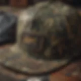 A close-up of a camo snapback showcasing intricate patterns