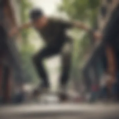 Skateboarder wearing a camo snapback while performing a trick