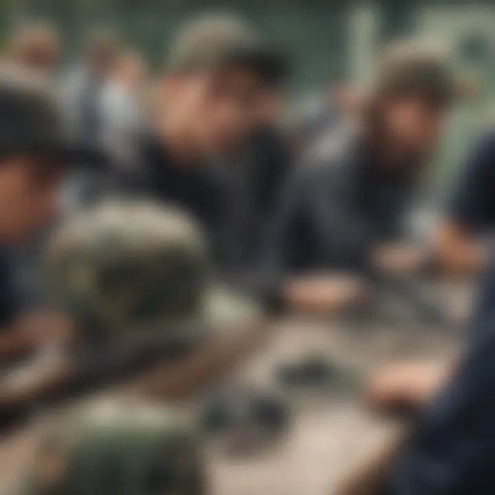 Skatepark scene with a group of skateboarders wearing camo snapbacks