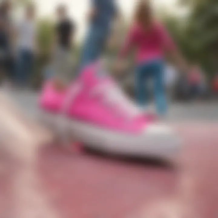A vibrant skate park scene with pink Converse in action