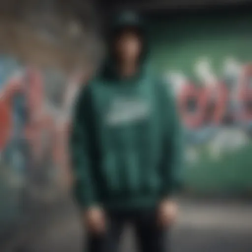 Dark green Champion hoodie displayed against a graffiti backdrop