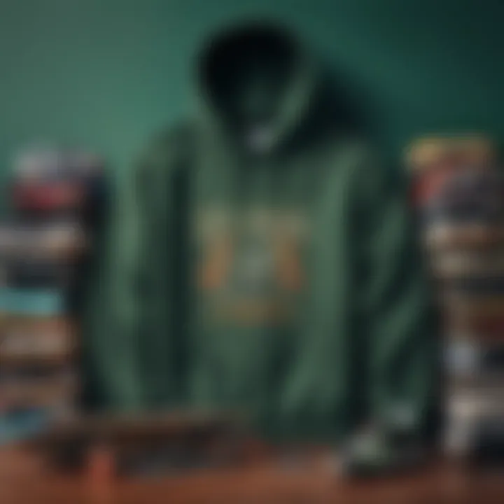 A collection of skateboards and accessories arranged with the dark green Champion hoodie