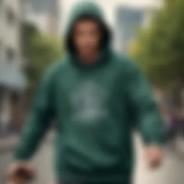 A skateboarder wearing a dark green Champion hoodie while performing a trick