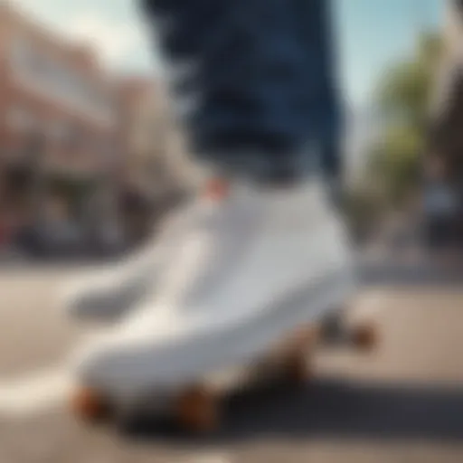 A close-up view of white Vans 7.5 sneakers on a skateboard