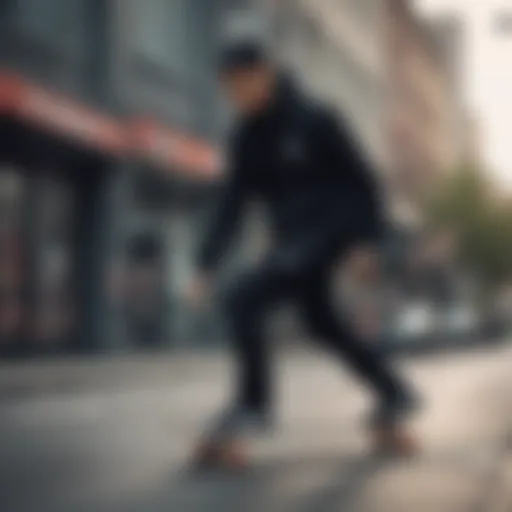 Skateboarder showcasing black Nike apparel on urban streets