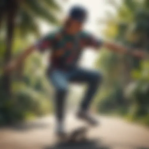 Skateboarder in a vibrant tropic weight shirt performing a trick