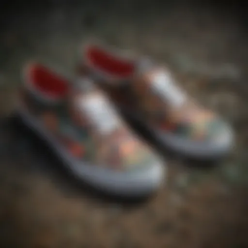 A pair of Vans sneakers adorned with a vibrant camouflage pattern