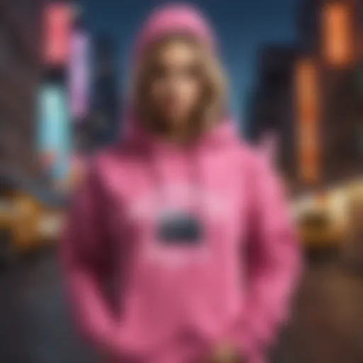 A stylish pullover hoodie displayed against a vibrant urban backdrop