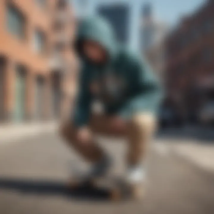 Skateboarder wearing Young and Reckless hoodie in urban setting