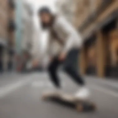 A stylish individual riding a Louis Vuitton skateboard, blending fashion with street culture.