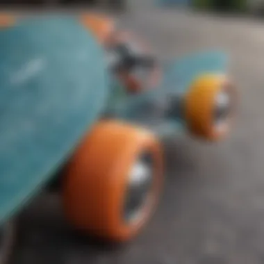 Close-up of Globe Surfskate wheels and board texture