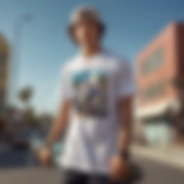 A stylish skateboarder showcasing his unique graphic t-shirt.