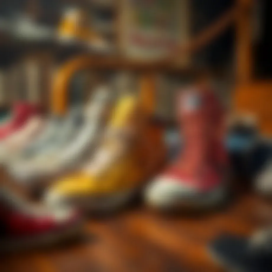 A vintage collection of high top sneakers showcasing different styles and colors