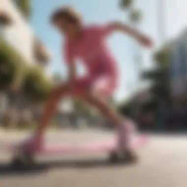 Skateboarder wearing Hurley pink shorts in action