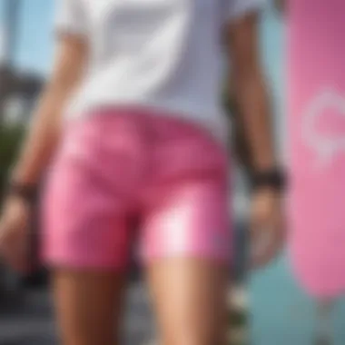 Fashionable streetwear ensemble featuring Hurley pink board shorts