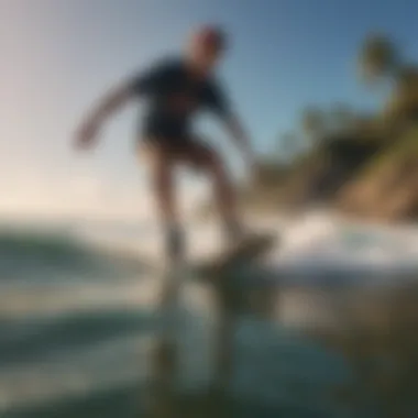 A longboard rider gliding along a coastal path with ocean waves in the background